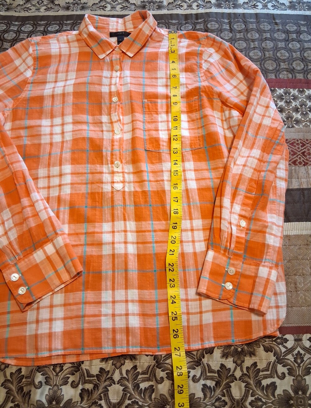 J. Crew Women Long Sleeve Top Tunic Sz10 Orange/White Plaid Pocket - Picture 8 of 11